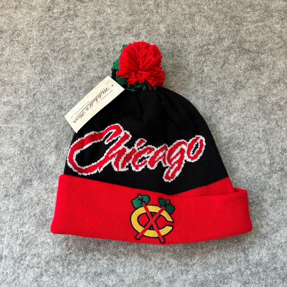 Mitchell & Ness Chicago Blackhawks Beanie Knit Hat Cuffed Pom NHL Cap Hockey